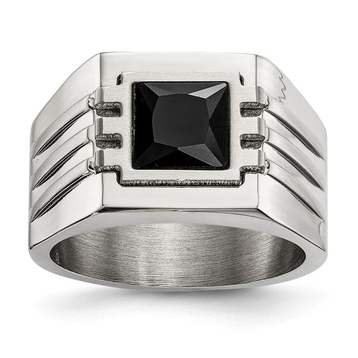 Stainless Steel Brushed and Polished w/ Black CZ Ring