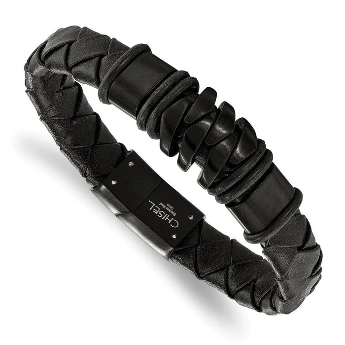 Stainless Steel Brushed Black IP-plated Black Leather Bracelet