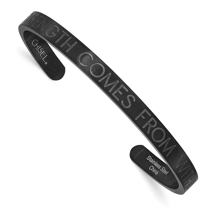 Stainless Steel Brushed Black IP-plated STRENGTH COMES. 6mm Cuff Bangle