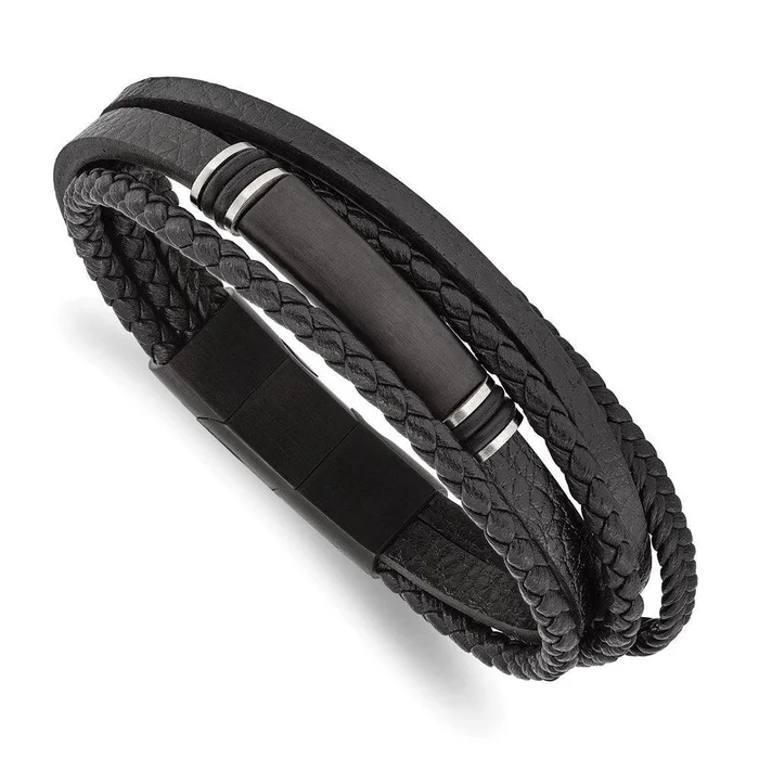 Stainless Steel Brushed Black IP PU Leather/Rubber w/.5in ext 8in Bracelet