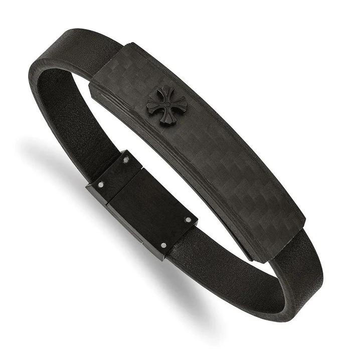 Stainless Steel Brushed Black IP w/Solid Carbon Fiber Leather 8.25in Bracel