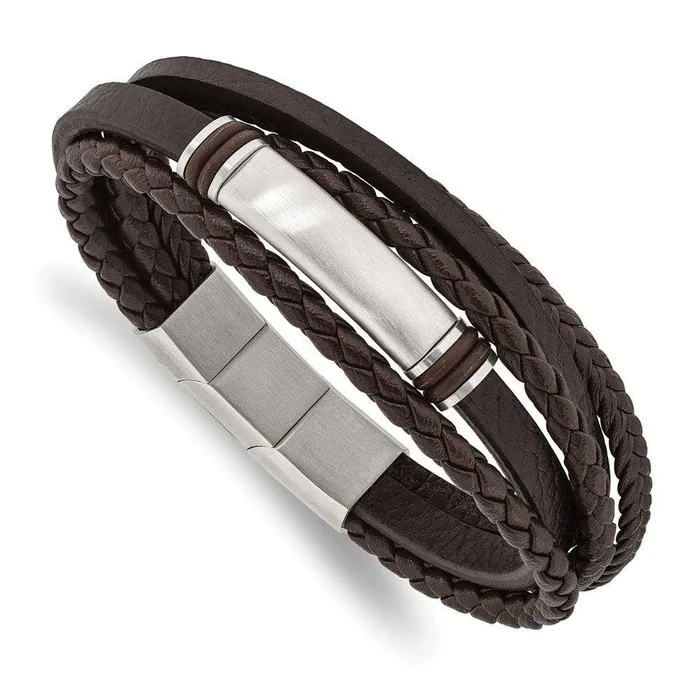 Stainless Steel Brushed Brown PU Leather & Rubber w/.5in ext 8in Bracelet