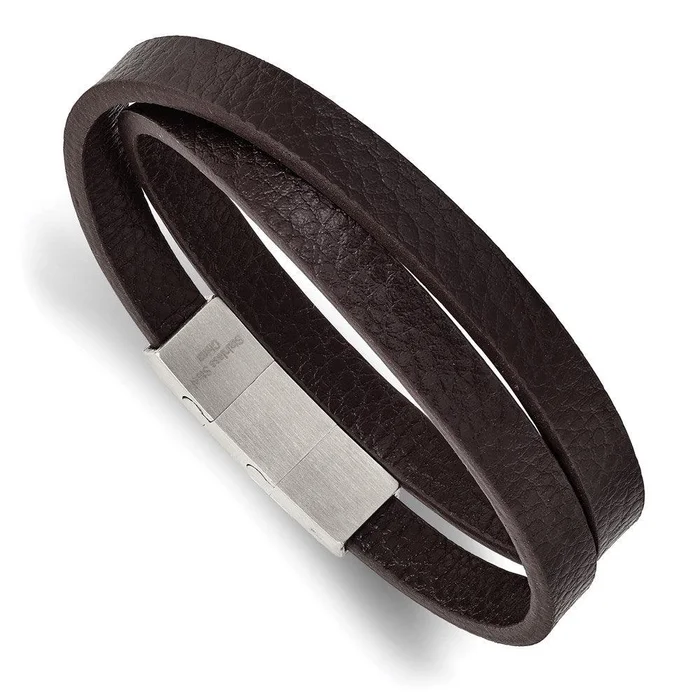 Stainless Steel Brushed Brown PU Leather w/.25in ext 16in Wrap Bracelet