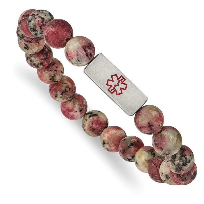Stainless Steel Brushed Medical ID Rhodochrosite Bead Stretch Bracelet