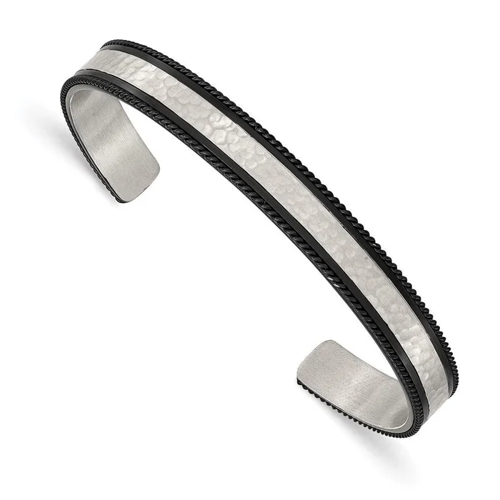 Stainless Steel Brushed Polished & Hammered Black IP Wire Edge Bangle