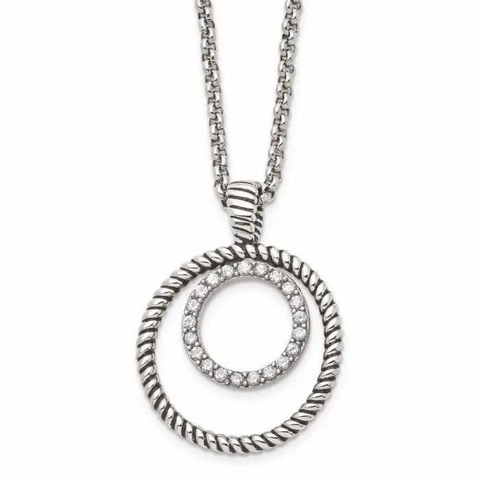 Stainless Steel Polished and Antiqued CZ Circle Necklace