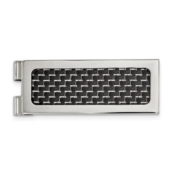 Stainless Steel Polished with Black Carbon Fiber Inlay Money Clip