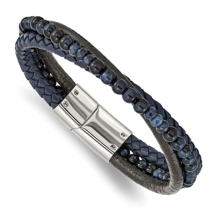 Stainless Steel Polished with Blue Chalcedony/Tiger’s Eye Leather Bracelet