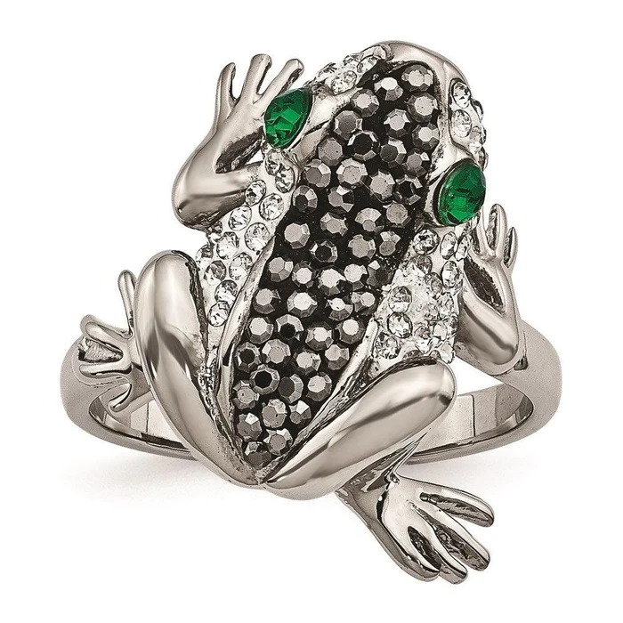 Stainless Steel Polished with Crystal Frog Ring