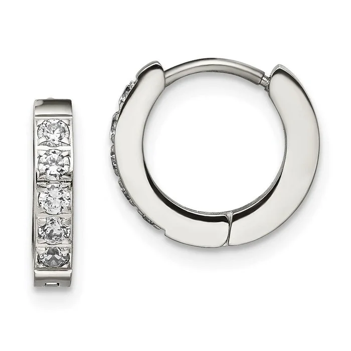 Stainless Steel Polished with CZ 2.5mm Hinged Hoop Earrings