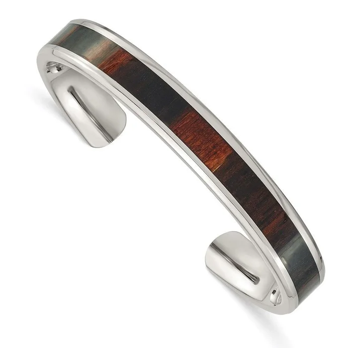 Stainless Steel Polished Wood Inlay Enameled Bangle
