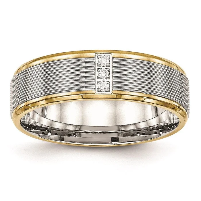 Stainless Steel Polished Yellow IP CZ Grooved Comfort Back Ring