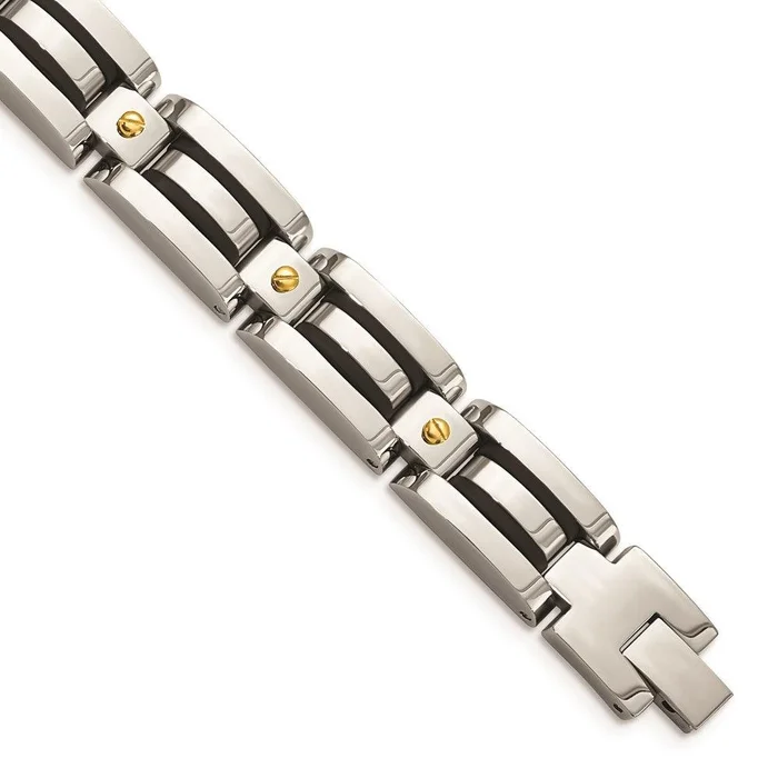 Stainless Steel Polished Yellow IP w/Black Polyurethane 8.25in Bracelet