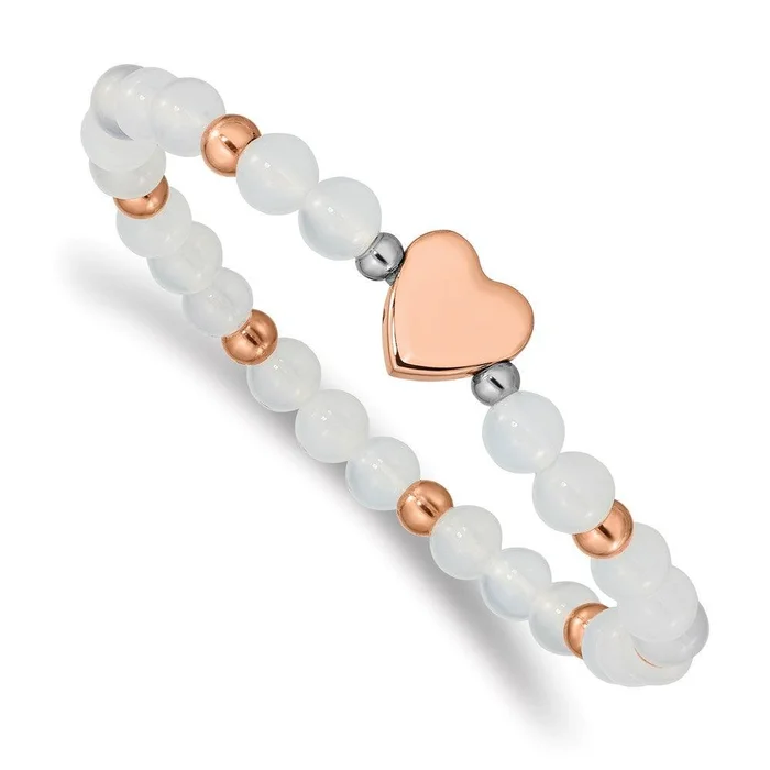 Stainless Steel Rose IP-plated Heart White Agate Stretch Bracelet