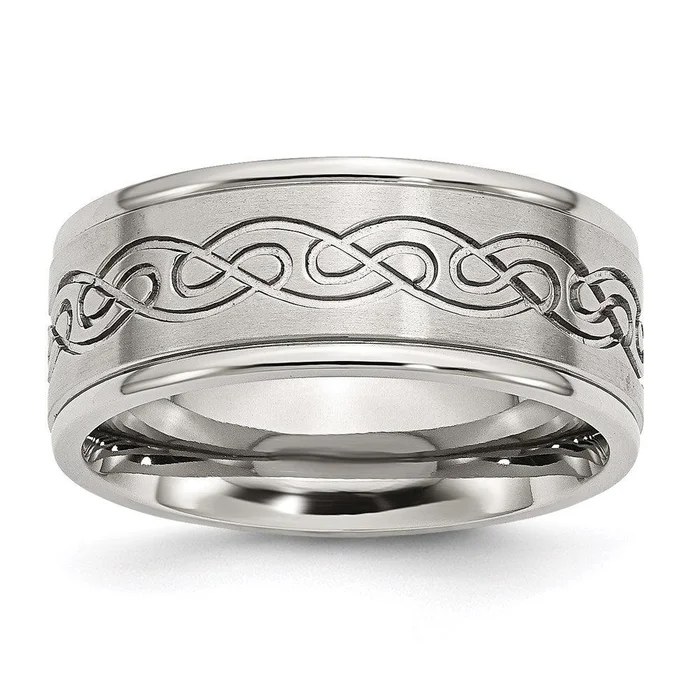 Stainless Steel Scroll Design 9mm Brushed/Polished Ridged Edge Band