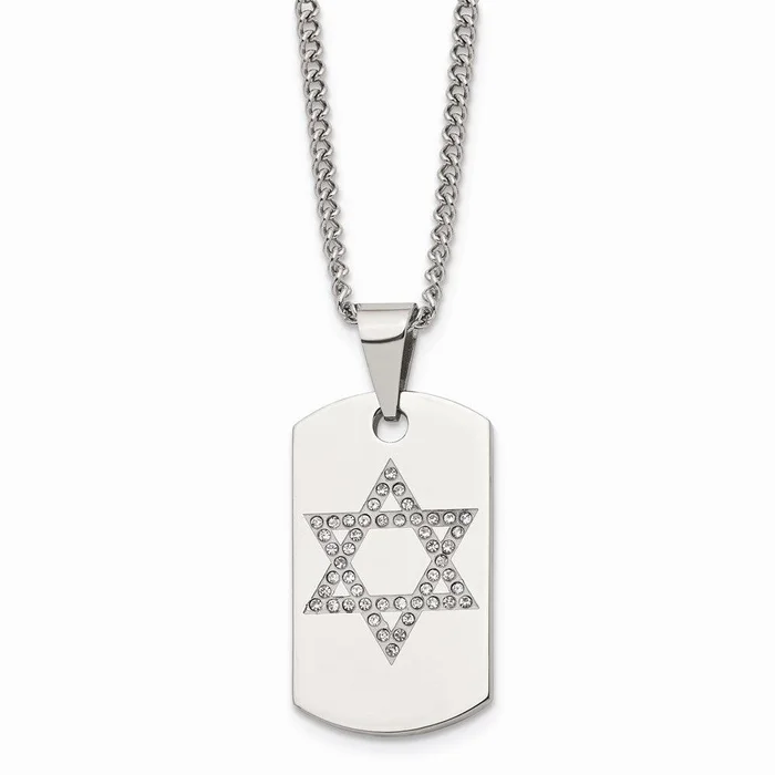 Stainless Steel Star of David CZ Dog Tag Polished Necklace
