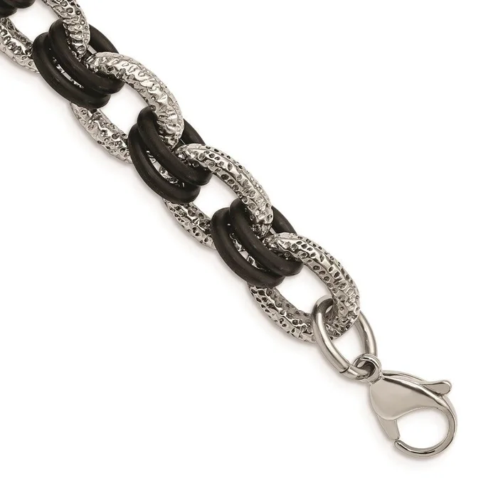 Stainless Steel Textured & Black Rubber 9in Bracelet