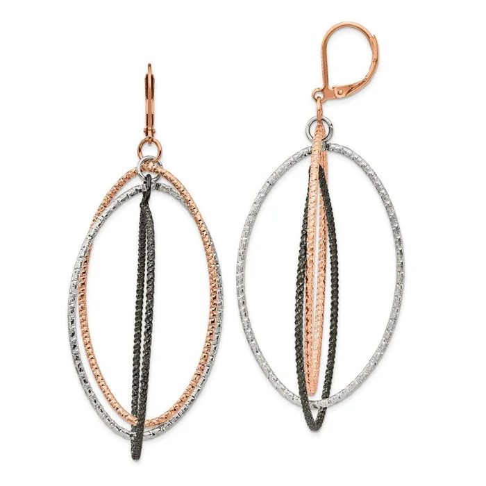 Stainless Steel Textured and Polished Gun & Rose IP Leverback Earrings