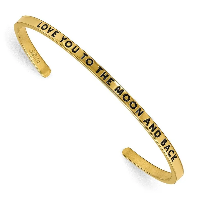 Stainless Steel Yellow IP-plated Love you to the Moon CZ 3mm Cuff Bangle