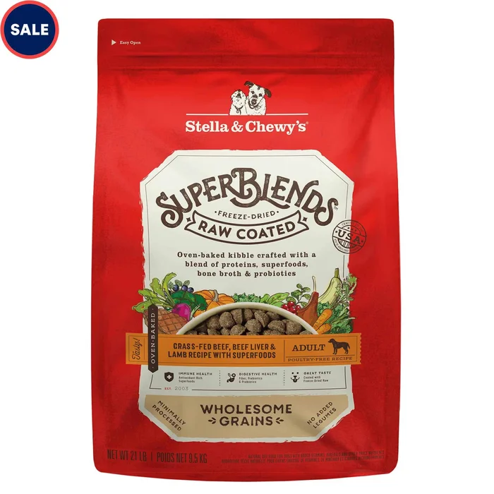 Stella & Chewy’s SuperBlends Raw Coated Wholesome Grains Grass-Fed Beef, Beef Liver & Lamb Recipe Dry Dog Food, 21 lbs.