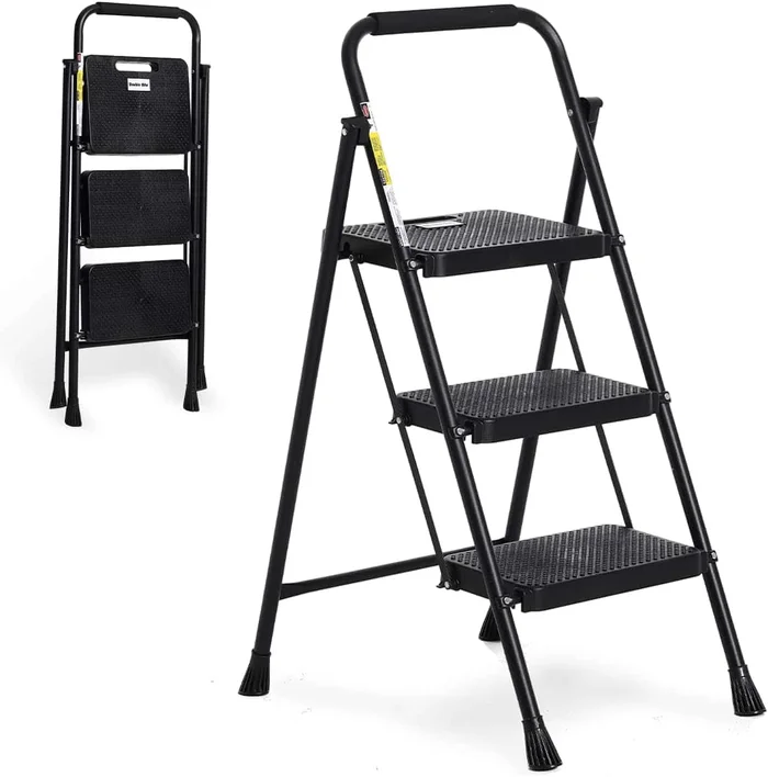 Step Ladder 3 Step Folding with Handgrip, 500Lbs Steel Step Stool, Folding Ladder with Anti-Slip Wide Pedals
