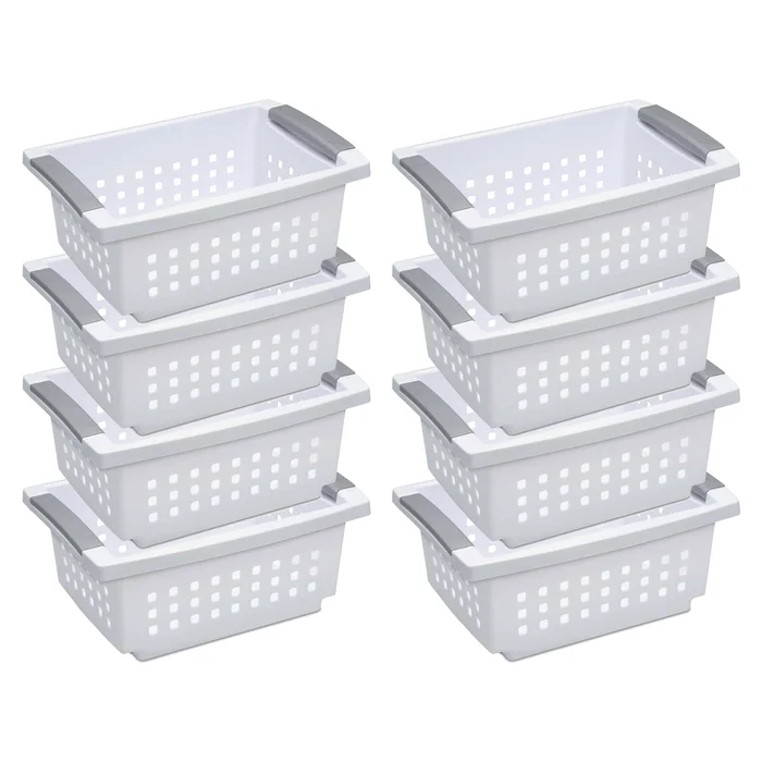 Sterilite Small Stacking Storage Basket with Comfort Grip Handles, 8 Pack
