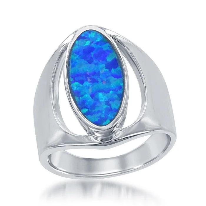 Sterling Silver Center Blue Inlay Opal Oval Ring, Size 7
