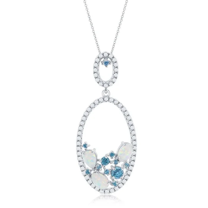 Sterling Silver Oval White Opal and Blue CZ Pendant