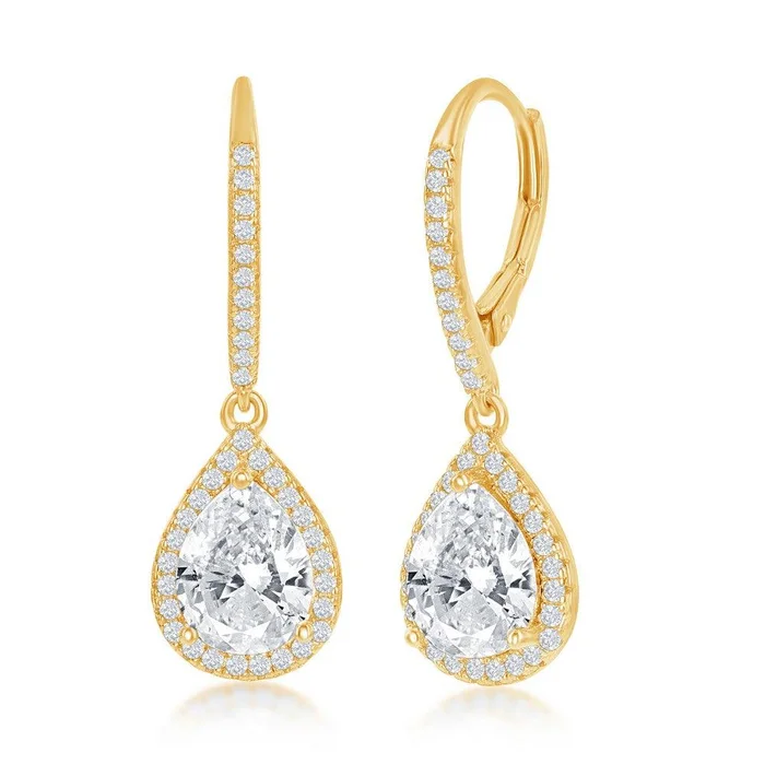 Sterling Silver Pearshaped Halo Dangling Earrings – Gold Plated