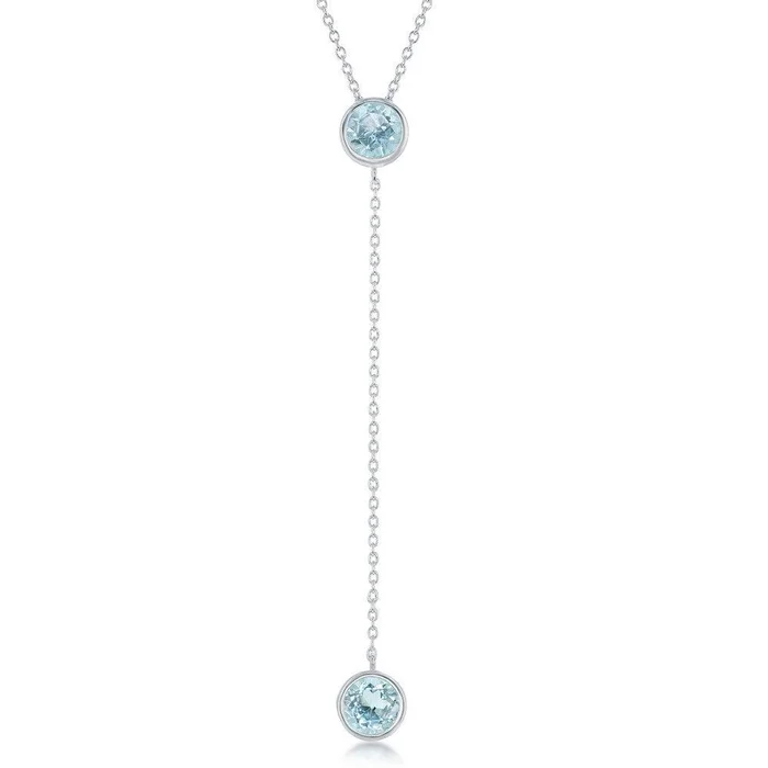 Sterling Silver Round Blue Topaz With Long Hanging Chain & Round Blue Topaz Necklace