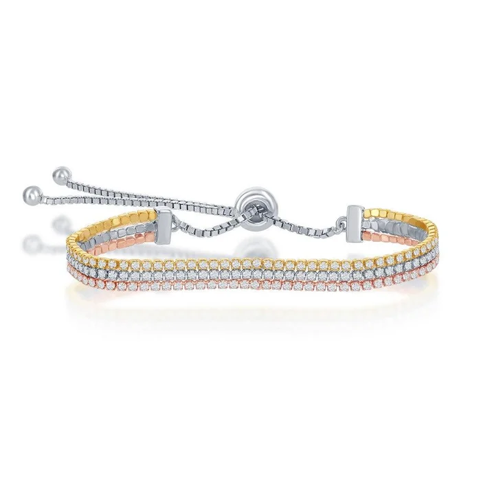 Sterling Silver Tri-Color Three Strand Tennis Adjustable Bracelet