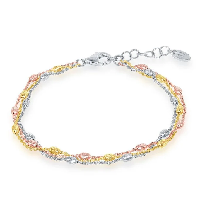 Sterling Silver Tri Color Triple Strand Oval Beaded Bracelet, 7″