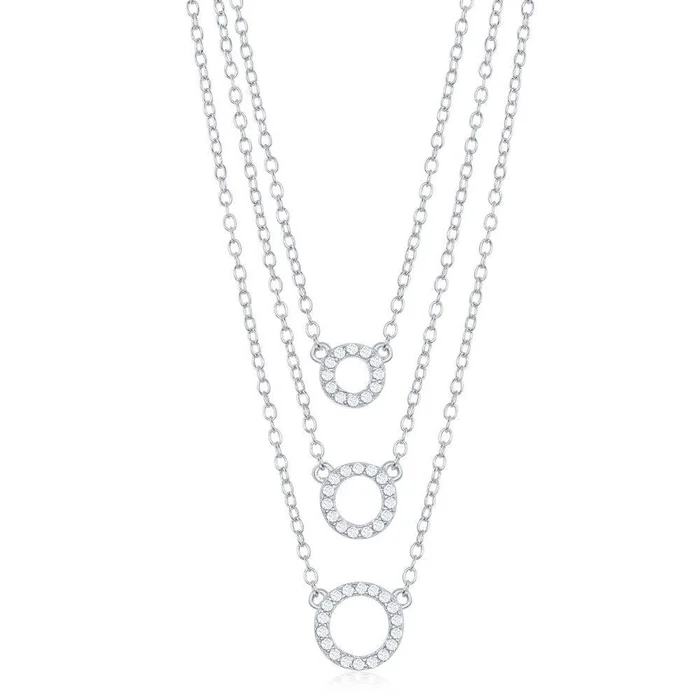 Sterling Silver Triple Chain Small Open CZ Circles Necklace