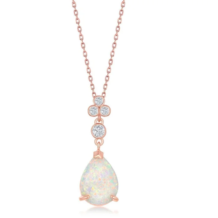 Sterling Silver Triple CZ Cluster Pear-Shaped White Inlay Opal Pendant – Rose Gold Plated
