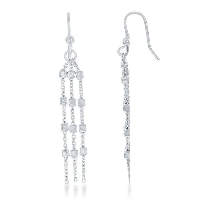 Sterling Silver Triple Strand Square Bead Earrings