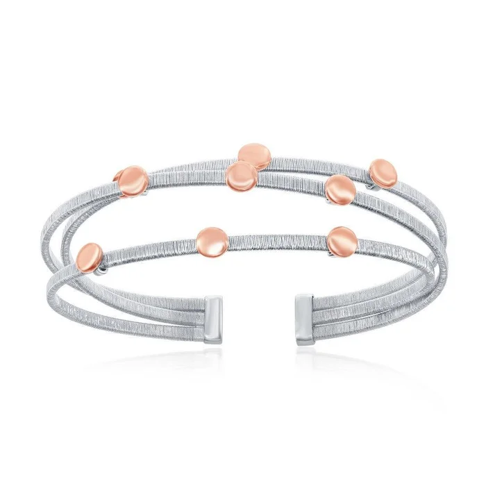 Sterling Silver Triple Wire Designer Bangle with Rose GP Beads