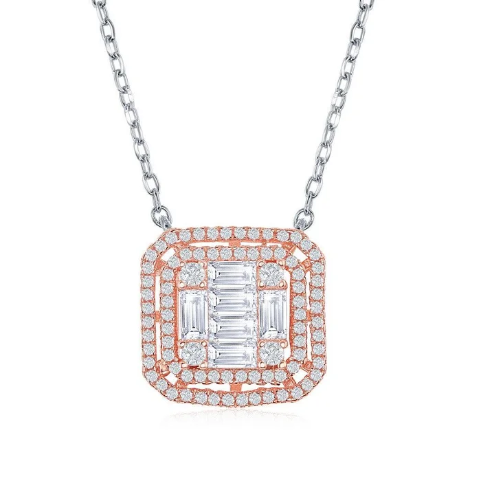 Sterling Silver Two Tone Double Square Baguette CZ Necklace
