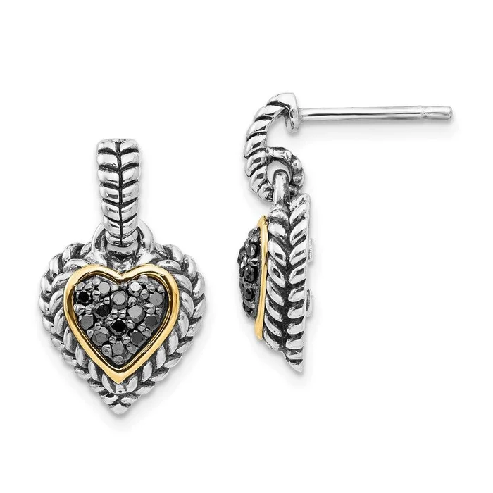 Sterling Silver w/14k Black Diamond Heart Earrings