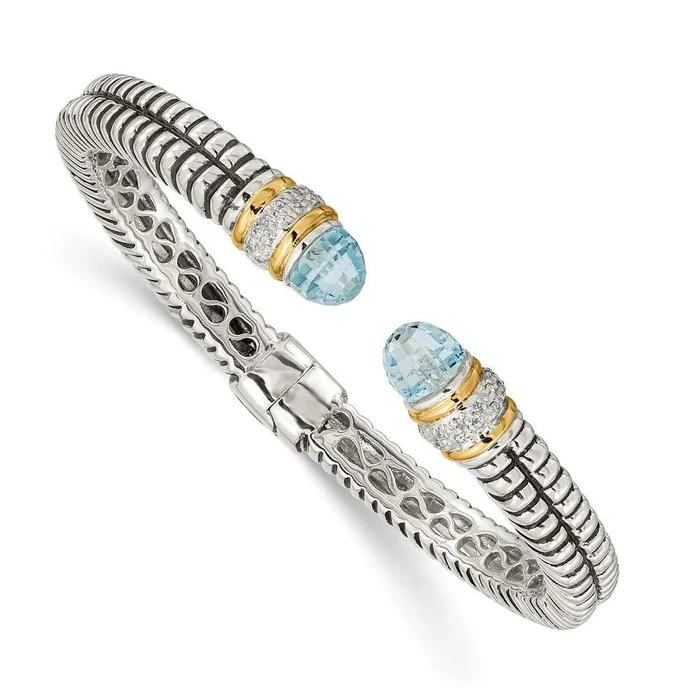 Sterling Silver w/14k Sky Blue Topaz & Diamond Cuff Bracelet