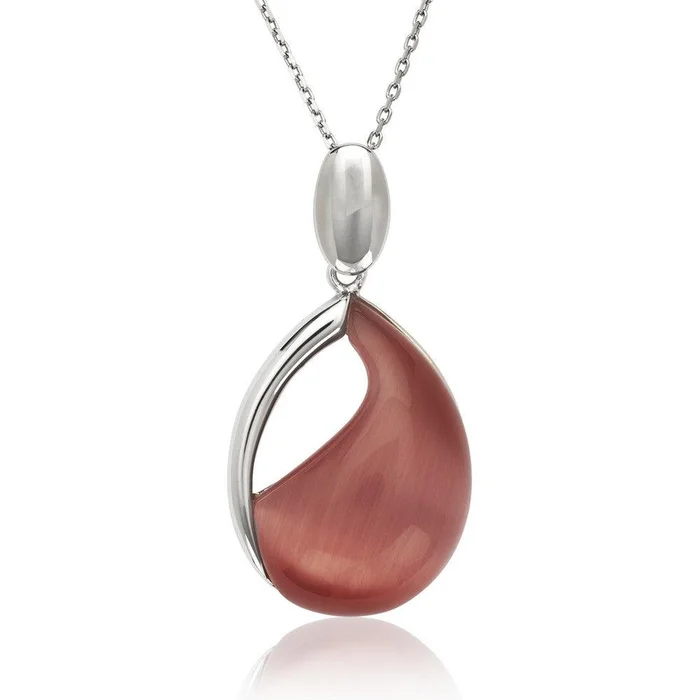 Sterling Silver Watermelon Red Cat’s Eye Teardrop Necklace