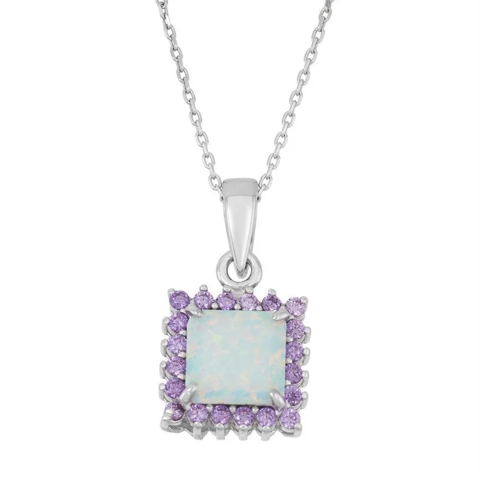 Sterling Silver White Inlay Amethyst Square Pendant