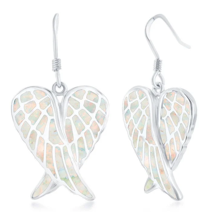 Sterling Silver White Inlay Angel Wings Earrings