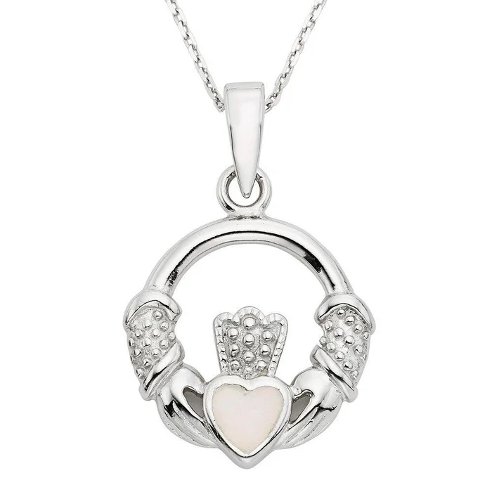 Sterling Silver White Inlay Irish Claddagh Pendant