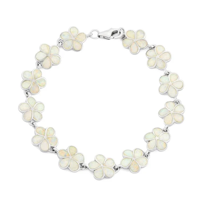 Sterling Silver White Inlay Opal Flower Link Bracelet, 7″