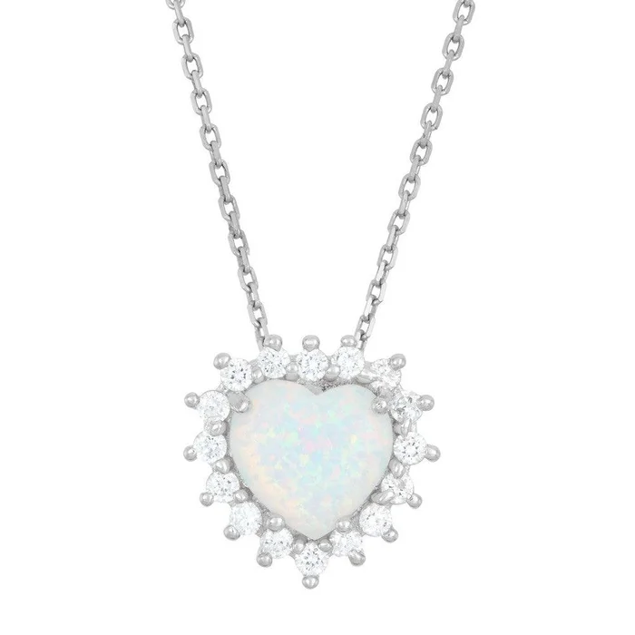 Sterling Silver White Inlay Opal Heart CZ Pendant