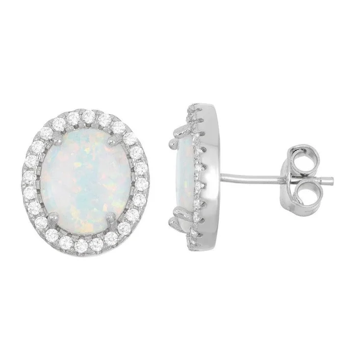 Sterling Silver White Inlay Opal Oval Stud Earrings