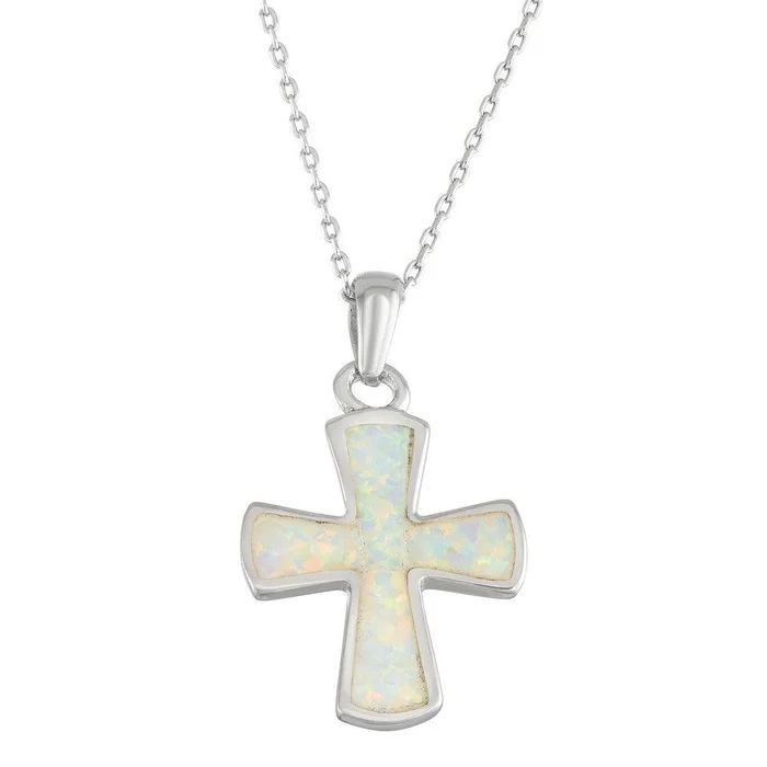 Sterling Silver White Inlay Opal Rounded Cross Pendant