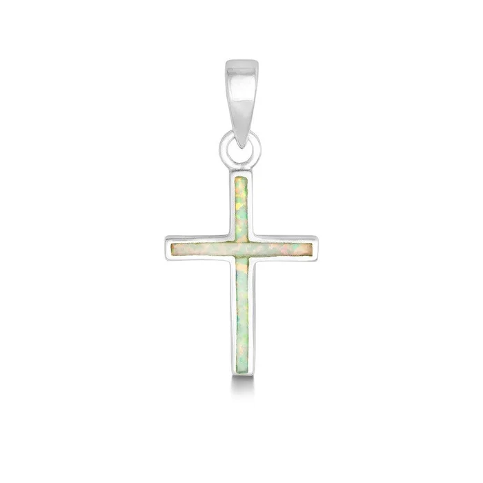 Sterling Silver White Inlay Opal Thin Cross Pendant