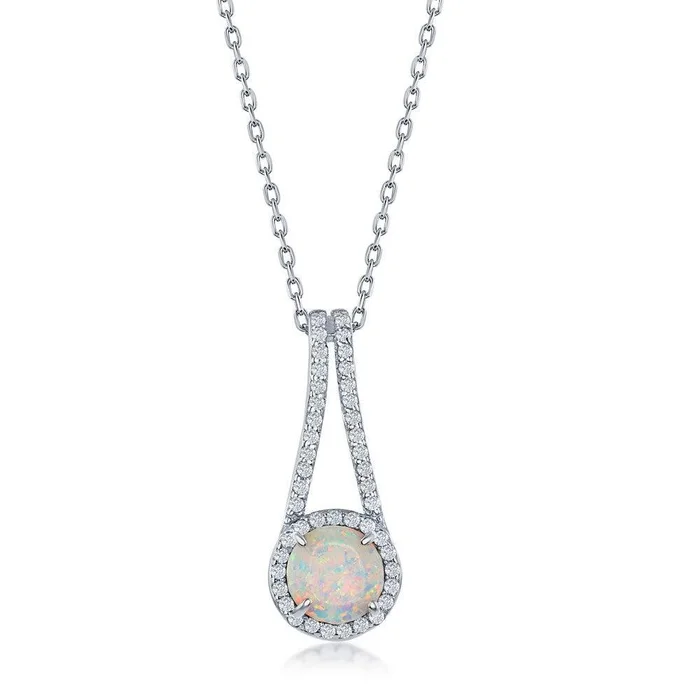 Sterling Silver White Opal and CZ Halo Long Pendant
