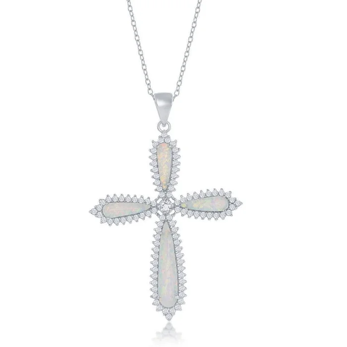 Sterling Silver White Opal CZ Border Large Cross Pendant